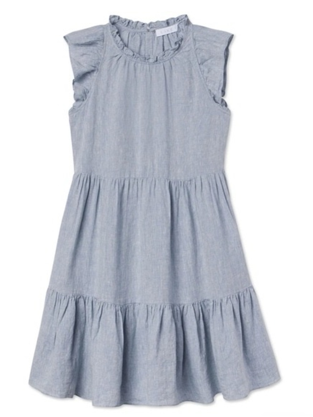 Lake Helen Tiered Flutter Cap Sleeve Dress in Blue Linen